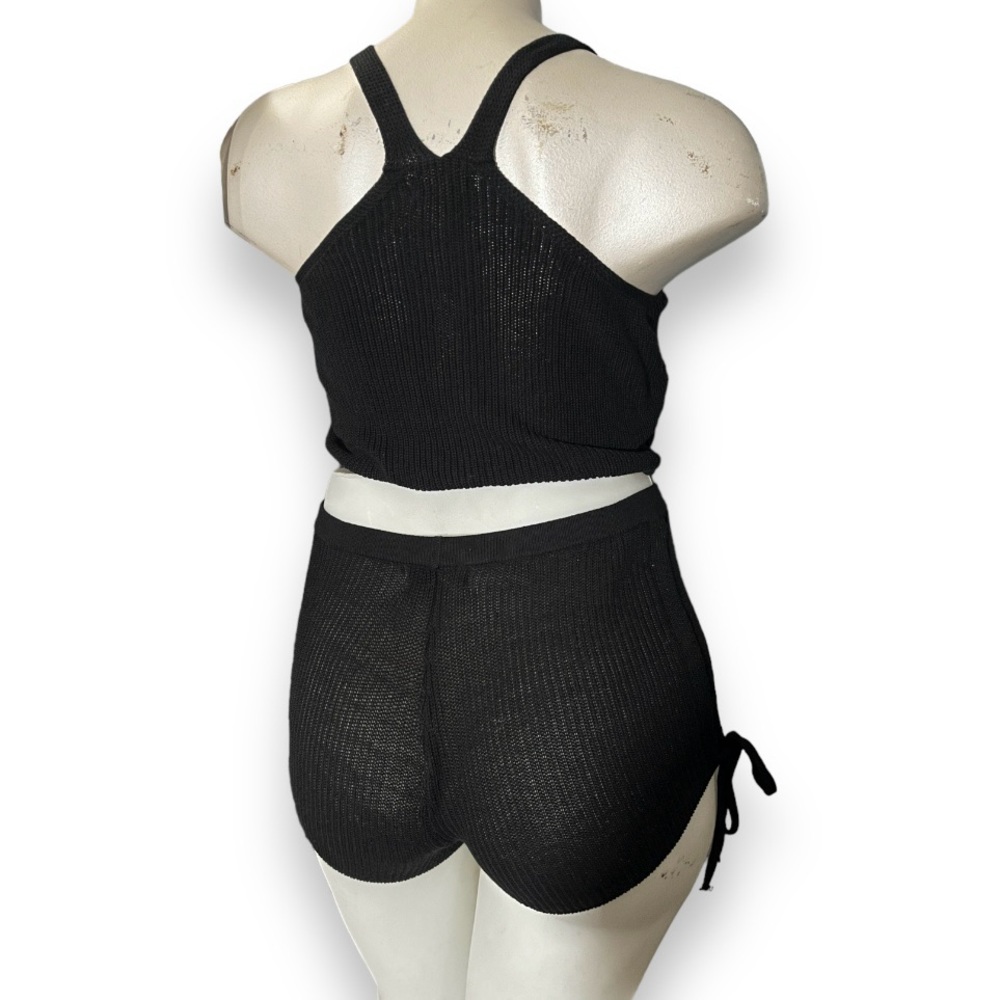 JOLIE & JOY 2PC Summer Set Crochet Knit Tie Cinched Crop Top and Shorts Black L - Picture 4 of 7